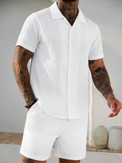 Manfinity CasualCool Men's Casual Solid Color Short Sleeve Shirt Set