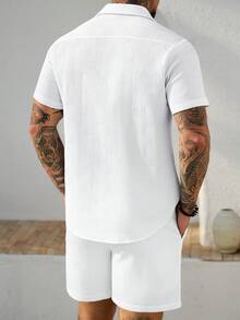 Manfinity Homme 男士休闲纯色短袖衬衫套装 - 白色 - 查看 2