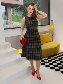 Gretanique Vintage Sleeveless Waist Gathered A-Line Plaid Dress For Women Checkered Dress Women Midi Dress Plaid Dress Women Frenchy Women Dresses Elenzga Women Dress - Multicolor - View 6