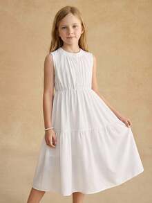 Elegant White Summer Sleeveless Dress For Tween Girls,Wedding Party Simple Full Skirt With Button Details,Perfect For Vacation & Everyday Wear - White - View 7
