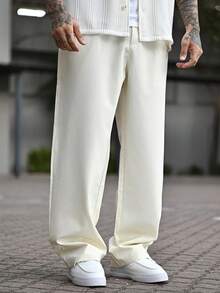 Devon Thys 2 件男士休闲 V 领短袖梭织衬衫和裤子亚麻套装，夏季、复古、舒适服装 - 杏色 - 查看 3