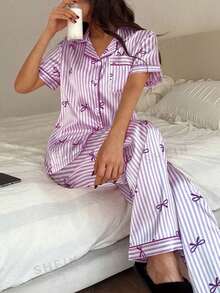 Napfluff 女士仿丝条纹蝴蝶结领短袖睡衣套装 - 紫色 - 查看 4