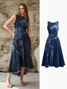 MOTF PREMIUM WOMEN'S AUTUMN/WINTER DENIM MIDI DRESS WITH ASYMMETRIC HEM AND FLORAL PRINT - Blue - View 1