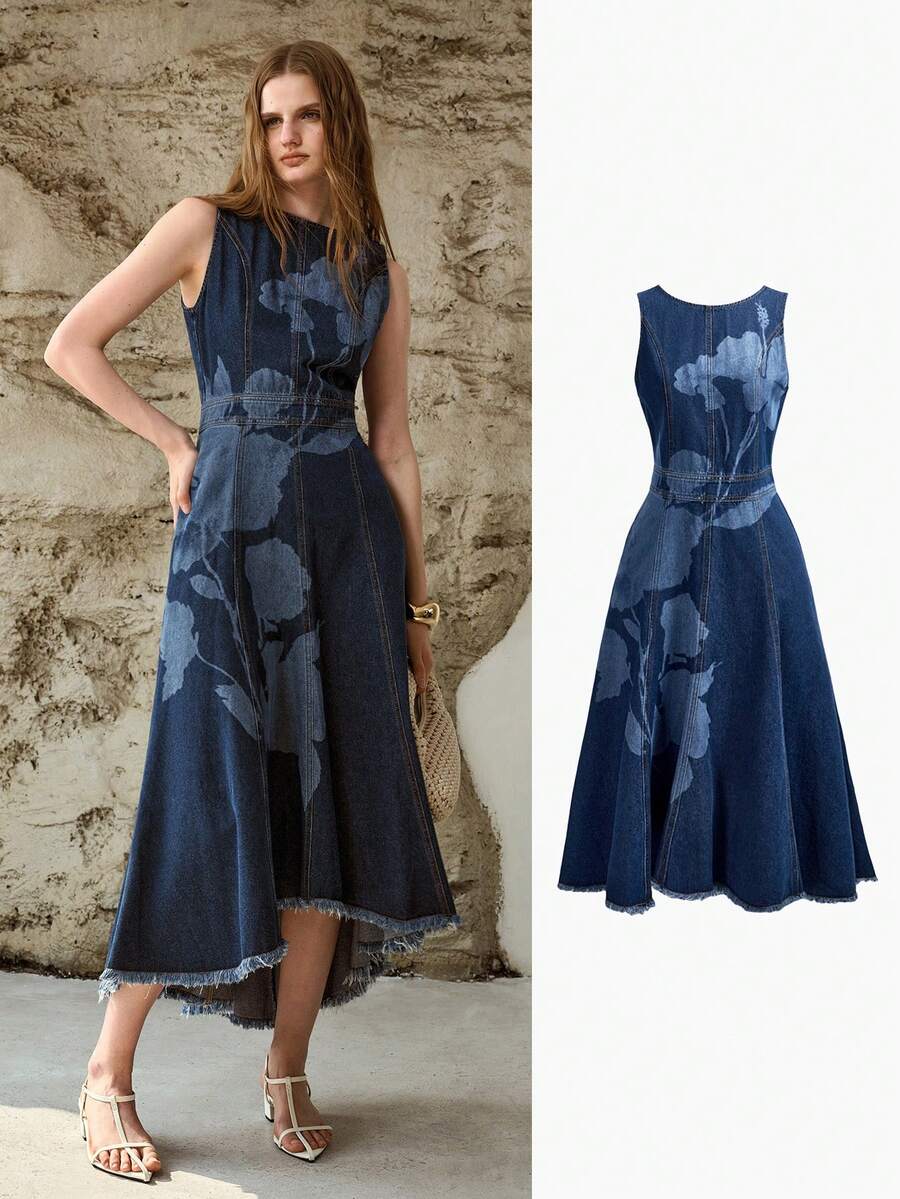 MOTF PREMIUM WOMEN'S AUTUMN/WINTER DENIM MIDI DRESS WITH ASYMMETRIC HEM AND FLORAL PRINT - Blue - View 1