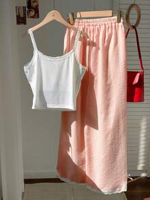 Comfortcana 2件套女士休闲黄色蕾丝边吊带背心和条纹裤，返校季 - 橘色 - 查看 2