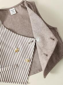 SHEIN 1 bộ đồ bé trai mùa xuân/hè thời trang dễ thương, áo vest sọc xanh phối màu và quần dài, trang phục quý ông trang trọng, phù hợp cho kỳ nghỉ, đám cưới, đầy tháng, lễ rửa tội, tiệc sinh nhật 1 tuổi, tiệc mừng em bé sắp chào đời, thanh lịch, khách mời đám cưới, phù rể nhí, cậu bé cầm nhẫn, đám cưới, lễ Phục sinh - Màu Khaki - Xem 9