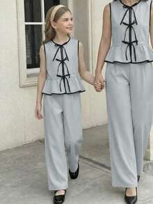 SHEIN Serisse Kids Tween Girl Butterfly Decor Contrast Trim Casual Sleeveless Shirt Vest And Wide Leg Pants 2 Pieces Set,Sage Green,Summer,Elegant,Tea Party Formal Suit - Cadet Blue - View 11