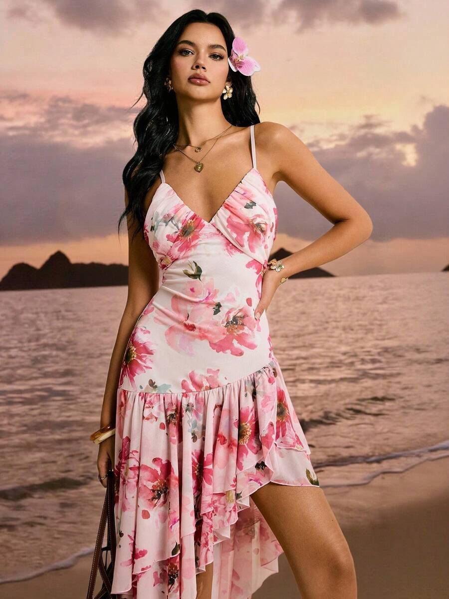 Poéselle Women's Floral Print Asymmetric Ruffle Hem Spaghetti Strap Midi Dress,Blush Pink,Summer,Tropical,Vacation,Holiday Beach Wedding Guest Elegant Dress