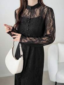 FRIFUL Women's Round Neck Full Lace Fabric Decor Waist Cinched Sexy Long Dress Sun Dresses For Women - Black - View 6
