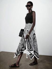 Lumivelle Women's New Round Neck Ribbed Knit Fabric Patchwork Leopard Print Asymmetrical Hem Casual Minimalist Fashion Dress, Spring/Summer Asymmetrical Skirt Wrap Skirt Black And White Skirt Graphic Print Skirt Pattern Skirt - Multicolor - View 3