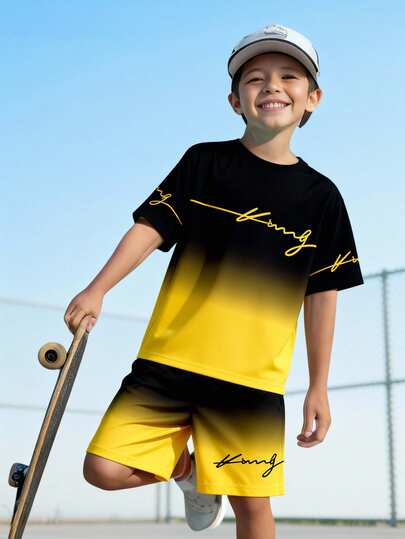 2pcs/Set Tween Boys Fashion KING Slogan Digital Print T-Shirt & Gradient Shorts Set, Casual Stylish , Short Sleeve Top, Suitable For All Seasons