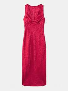 lacRébo Red Satin Jacquard Fitted Midi Dress With Plunge V Neckline Sleeveless,Elegant Silhouette French Style,Red Checkered,Summer,Elegant,Party - Red - View 7