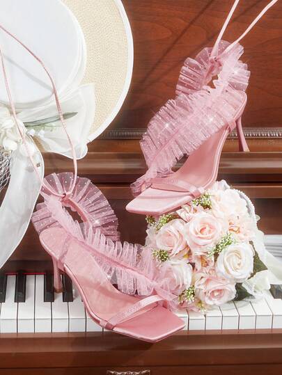 CUCCOO HITCHD Damskor Vår och sommar Nya Fairy Mesh Paljetter Fyrkantig tå Slingback-rem Smal klack 8,5 cm Dam Högklackade Sandaler Söt Vind Enfärgad Dejting Fest Bröllop