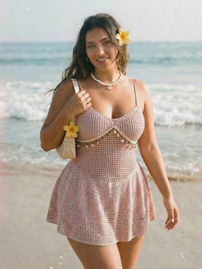 SHEIN ICON Plus Size Sexy V-Neck Shell Tassel Decor Low Waist A-Line Sheer Knit Dress