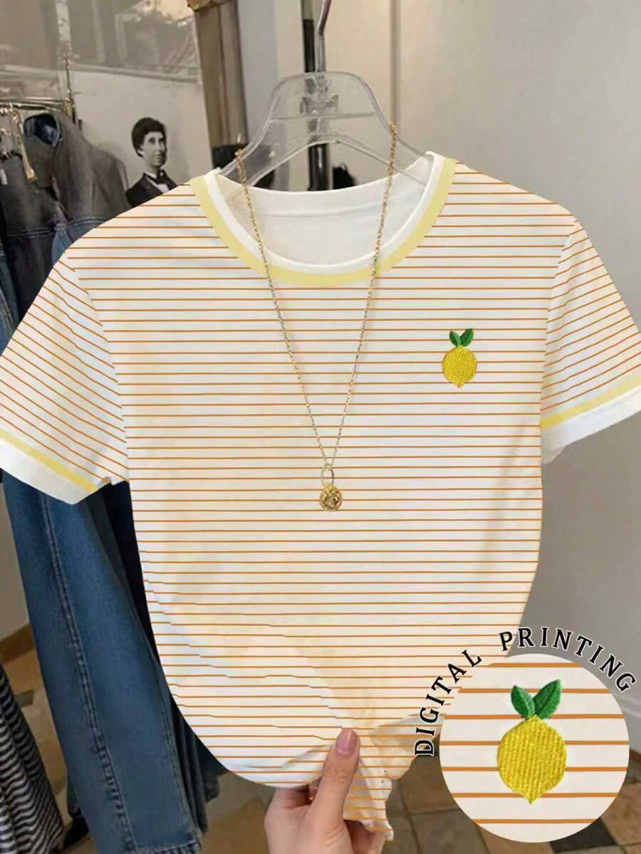 Resyla 女士休闲落肩圆领T恤，柠檬印花T恤，水果T恤 - 橘色 - 查看 1