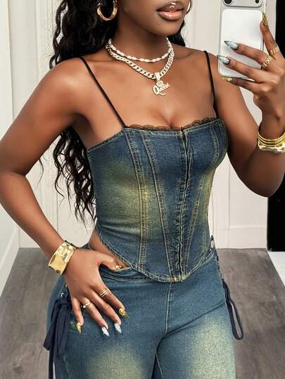 Slaydiva 新款大码女式牛仔吊带背心，性感修身，收腰设计，时尚蕾丝边牛仔吊带背心，夏季深蓝色牛仔上衣，Y2K风格夏季外出度假女装