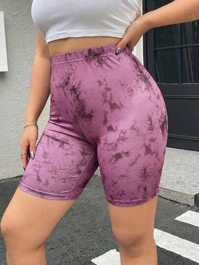 Muchica Bermudas casuales de ajuste ceñido con estampado de teñido anudado, ropa de primavera y verano para tallas grandes