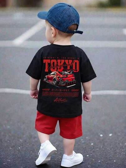 SHEIN Baby Boy New Arrival Casual Minimalist Y2K Style English Letter, Street Style, Sporty, American Retro, Car Print, Loose Comfortable Short Sleeve Round Neck T-Shirt And Shorts Set, Suitable For Summer