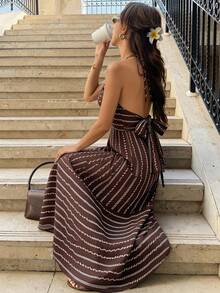 Pariaura 女士优雅性感休闲宽松度假露背系带复古吊带连衣裙，V领收腰度假风优雅连衣裙 - 咖啡棕 - 查看 4