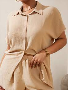 Veslaya Plus Size Women's Summer Casual Vacation Khaki Loose Short Sleeve Shirt And Shorts Set Boho Streetwear Beach Formal Holiday Outfit Wedding Guest - Apricot - View 8