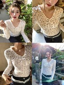 DAZY 女士蕾丝荷叶边系带碎花修身T恤 - 白色 - 查看 1