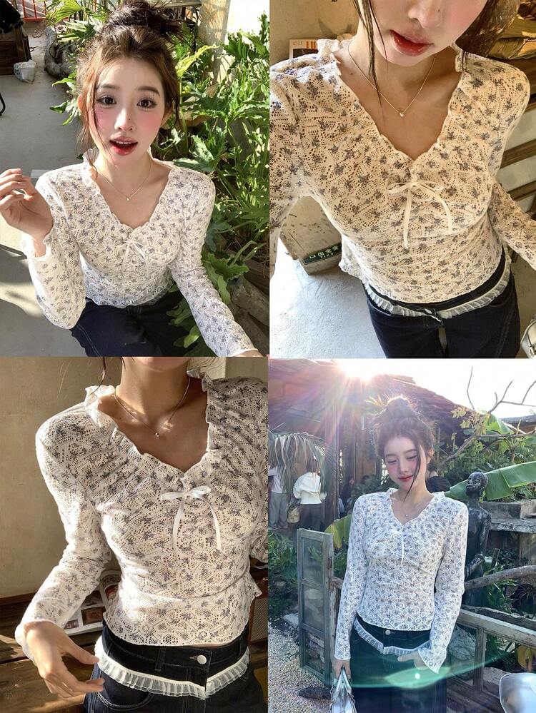 Women's Lace Frill Tie Front Ditsy Floral Fitted T-Shirt