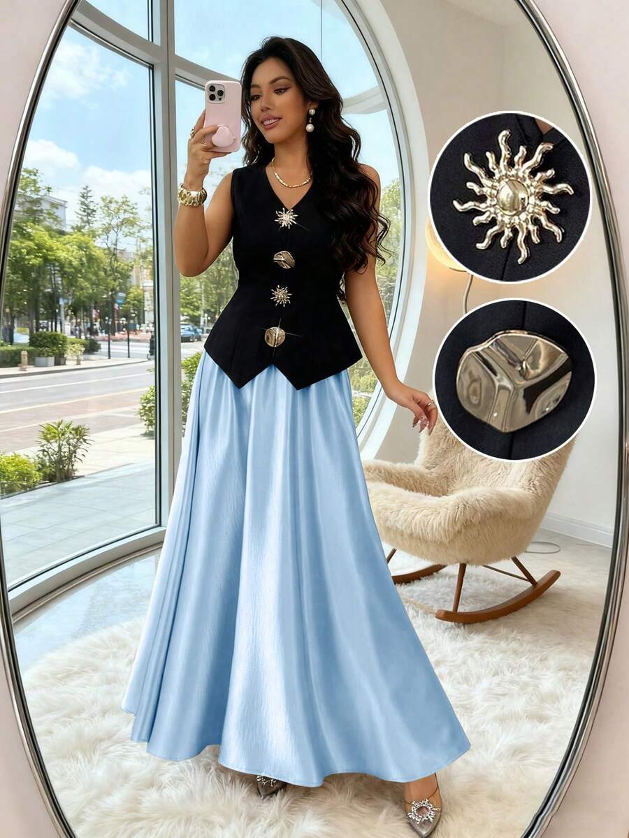 Elenzga Bộ đồ 2 món dành cho nữ: Áo không tay cổ chữ V màu đen, điểm nhấn là khóa kim loại nổi bật, thắt eo, kết hợp với chân váy chữ A bằng vải satin vàng, cạp chun co giãn; kiểu dáng thanh lịch Pháp, thích hợp cho công sở và dự tiệc; váy dạ hội dài trang trọng dành cho nữ; váy công sở dài; - Màu xanh lam - Xem 1