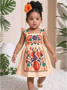 SHEIN Vestido casual con cuello de volantes y estampado floral para niña bebé - Multicolor - Ver 1