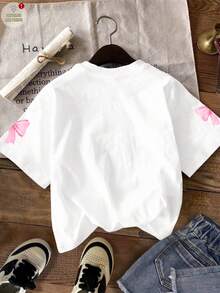 少女休闲简约个性酷炫数字67，蝴蝶结装饰，白色短袖圆领印花T恤，适合夏季穿着 - 彩色 - 查看 3