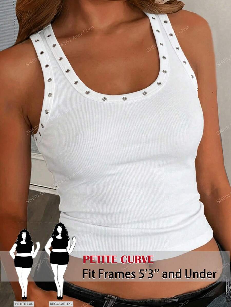 SHEIN PETITE CURVE Áo tank top ôm dáng mùa hè kiểu dáng thường ngày, đính đinh tán, chất liệu vải co giãn cao cấp, dành cho nữ và bé gái. - trắng - Xem 1