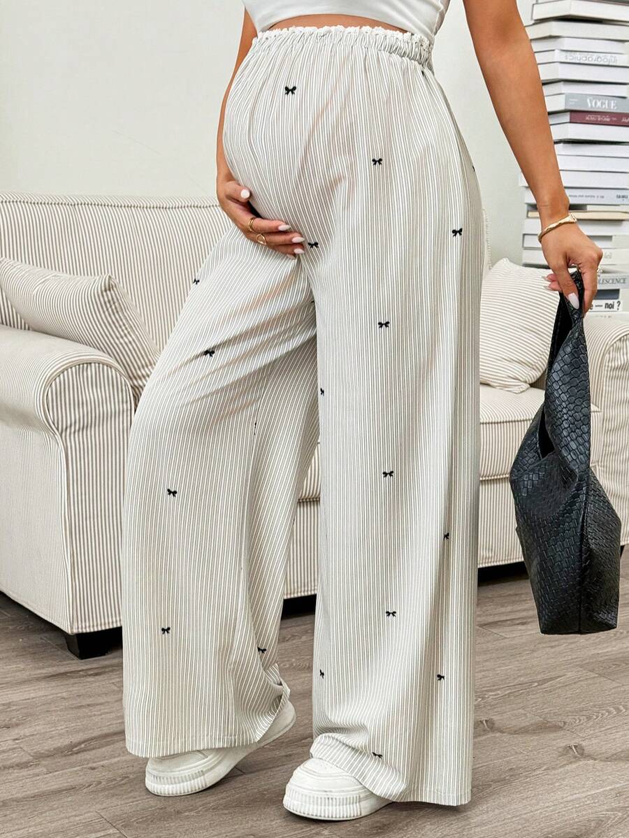 SHEIN 孕妇休闲/通勤蝴蝶结条纹印花裤 - 彩色 - 查看 1