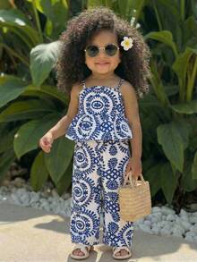 SHEIN 2件套女婴复古印花吊带背心和裤子套装 - 藍白色 - 查看 7