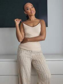 Yess Loren 女式秋冬罗纹饰边休闲保暖内衬吊带背心 - 杏色 - 查看 3