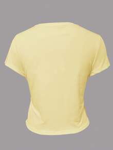 Rina Fox Women's Casual Everyday Commute Simple Versatile Knight Embroidery Short Sleeve T-Shirt, Summer - Yellow - View 4