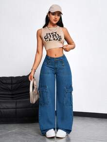 SHEIN Tall Calça jeans cargo casual de perna larga, com bolso inclinado e cor sólida. - Azul - Ver 5