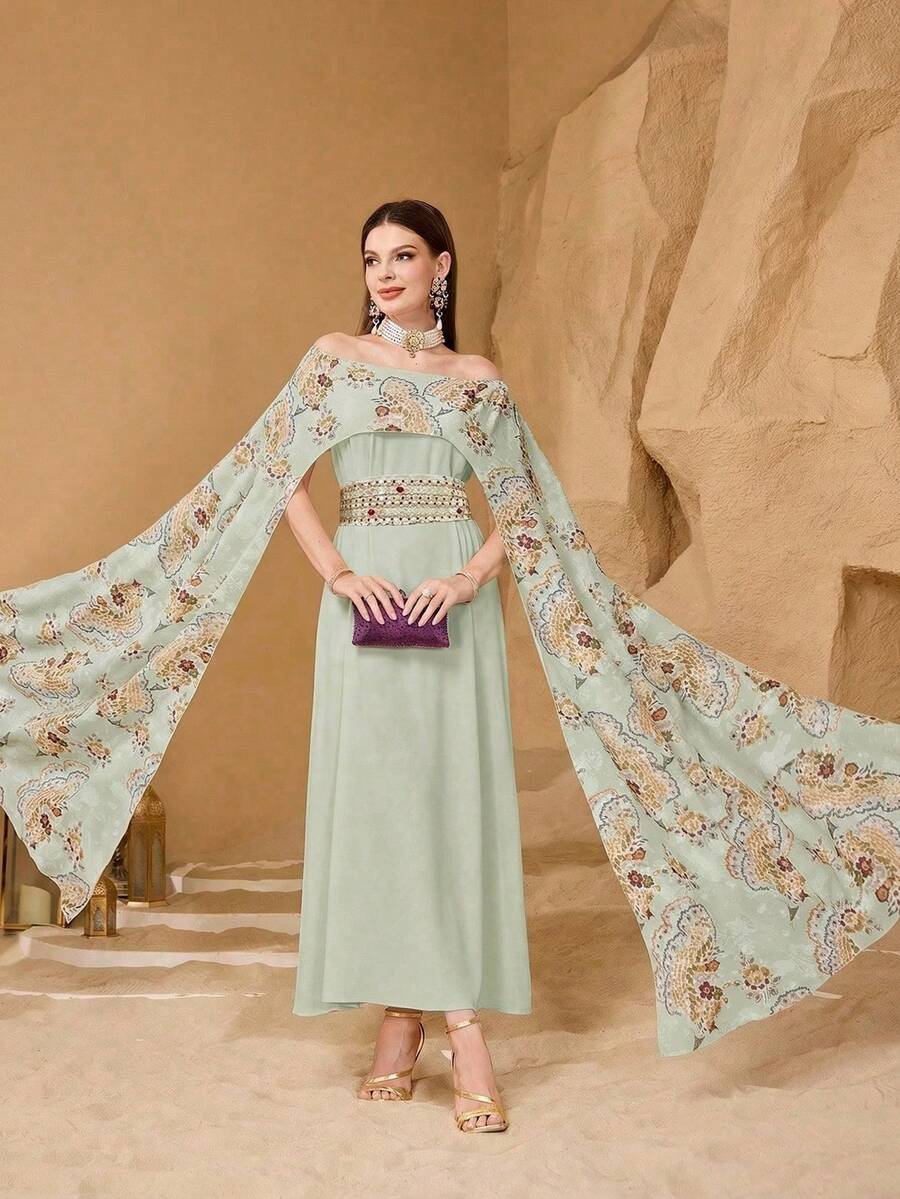 Modelyn Elegant Floral Decor Women's Cinched Waist Flattering Midi Dress - Pastel Green - View 1
