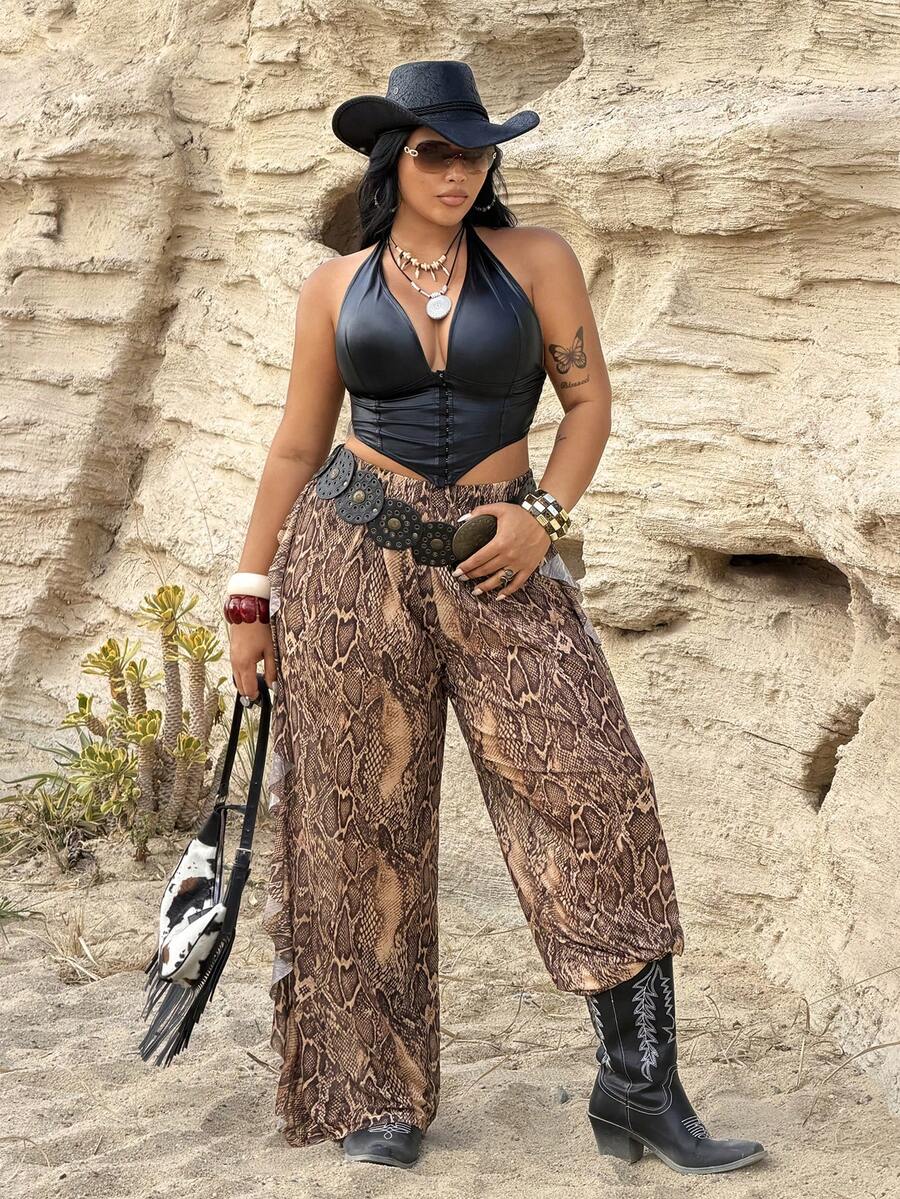 Rustia 大码雪纺荷叶边度假裤，春夏款 - 彩色 - 查看 1