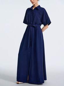 Aalyst Đầm sơ mi dáng suông màu xanh navy cổ bẻ thắt eo, phong cách thành thị thanh lịch, thích hợp cho mặc hàng ngày, đám cưới, dạ hội, đi làm, tiệc tốt nghiệp, kỳ nghỉ, hẹn hò, tiệc tùng, Halloween, Giáng sinh, Năm mới, Lễ Tạ ơn, đám cưới. - Màu xanh hải quân - Xem 3