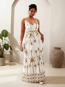 Veslaya Plus Size Women Palm Tree Print Casual Vacation Sleeveless Dress, Suitable For Summer Elegant Dress - Multicolor - View 6