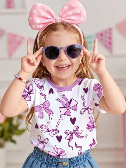 1 pieza Camiseta de manga corta con cuello redondo y estampado de mariposa, dulce y linda para niñas bebés, primavera/verano, parte superior para bebé/niña pequeña, morado
