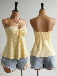 Lalippa 女士夏季新款无肩带露背休闲度假波西米亚风花卉拼接无袖上衣 - 淡黃色 - 查看 4