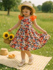 SHEIN 女童雪纺碎花方领荷叶边下摆休闲连衣裙 - 橘色 - 查看 6