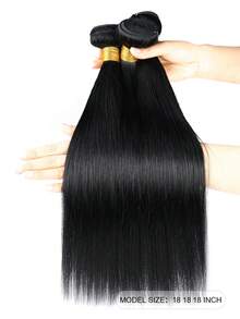 3入組直筒人髮束100%人類頭髮編織人類接髮自然顏色 - Natural Black - 查看 2