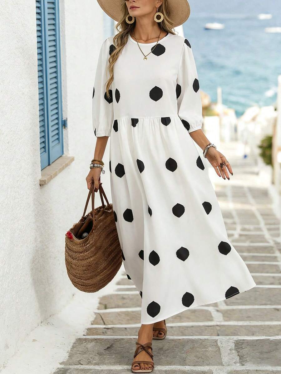 Breezaya 春夏新款七分袖波点宽松艺术优雅通勤休闲显瘦女装 - 白色 - 查看 1