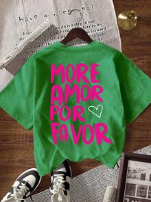 Camiseta de manga corta con cuello redondo, estampado de eslogan y corazones, de estilo casual para mujer - Verde - Ver 6