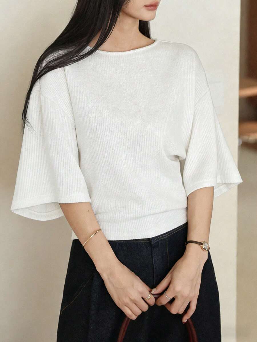 DAZY Women's Solid Color Round Neck Dropped Shoulder Casual Loose Minimalist Design Summer Versatile T-Shirt - White - View 1