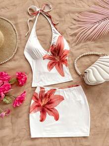 Soleia 女士沙滩度假印花吊带上衣和迷你裙两件套 - 紅色 - 查看 1