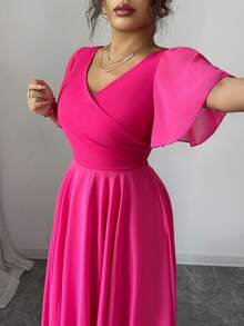 Elenzga Váy chữ A cổ chữ V tay bèo nhún bằng vải voan cỡ lớn dành cho nữ, đơn giản, thanh lịch, lãng mạn, duyên dáng, bồng bềnh - Màu Hồng Tươi - Xem 5