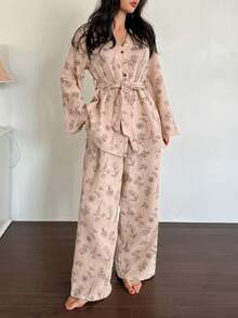 DAZY Set de pijama de mujer con 2 piezas, estampado de dibujo lineal floral, tela de gasa texturizada con botones de contraste, primavera - Rosa Pálido - Ver 6