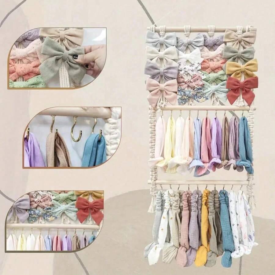 Estantería colgante tejida a mano estilo bohemio para diademas, soporte de exhibición y gancho para accesorios de pelo con moños, adecuado para decoración de pared y habitación de niñas - Albaricoque - Ver 1